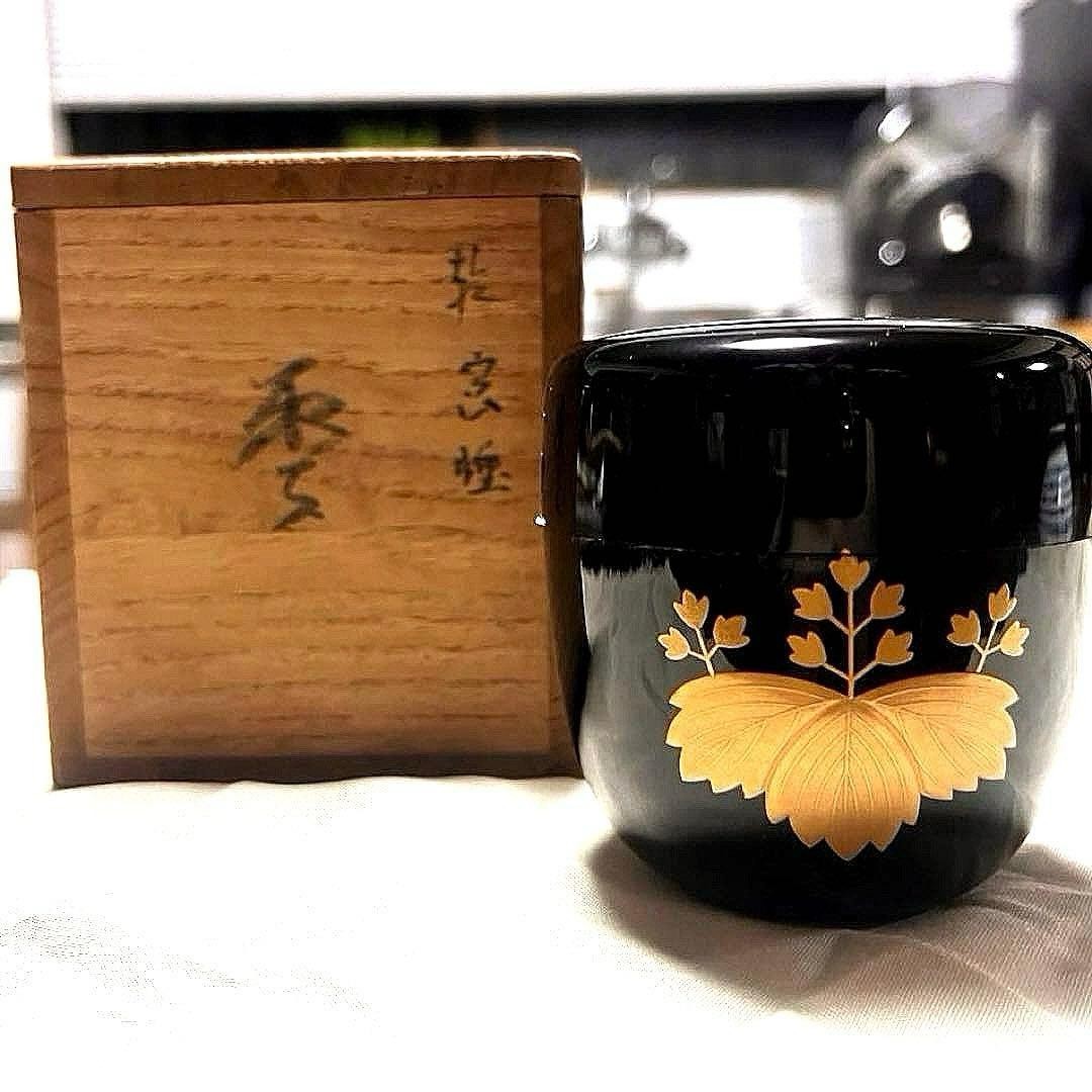 Japanese Natsume Tea Caddy Makie Tea Ceremony Chrysanthemum Inlay U-0236