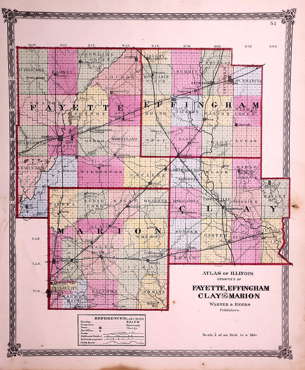 1873 Map – Fayette, Effingham, Clay & Marion Counties, IL by Warner & Beers