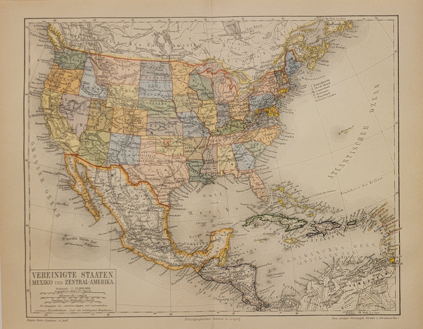 1889 color lithographed German map Meyers USA Mexico Central America West Indies