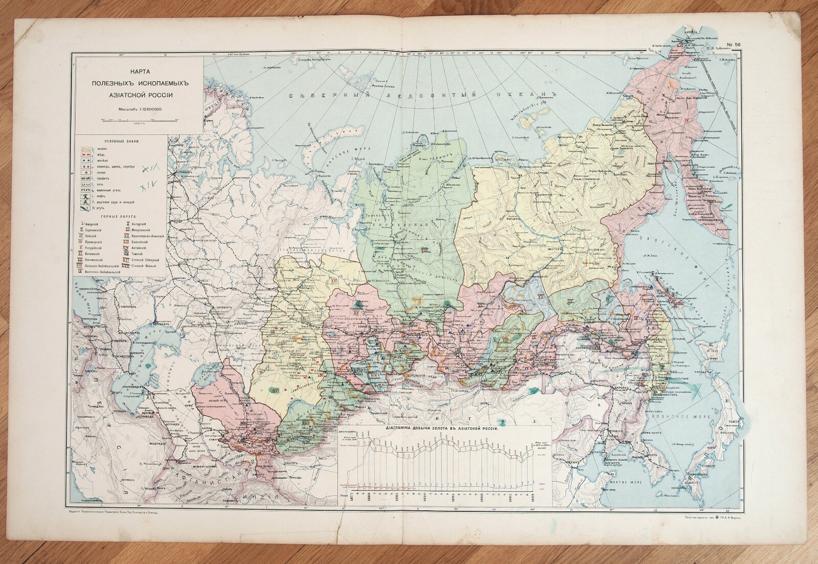1914 Imperial Russian Asian Russia Antique Map Irkutsk Astrakhan 52x79cm