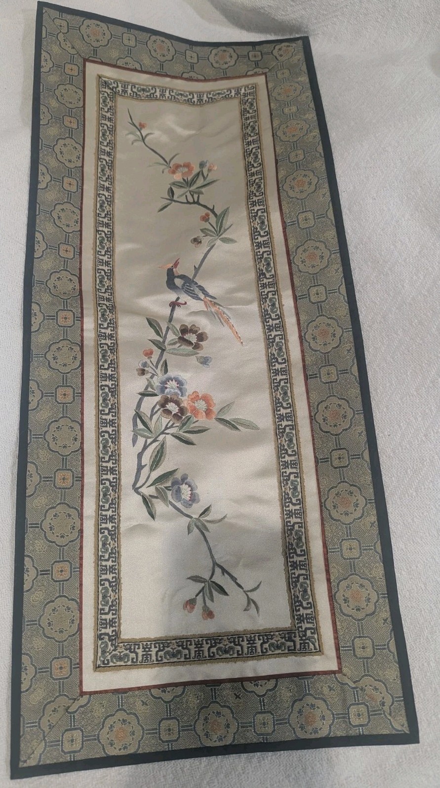 Early 20c Chinese Silk Embroidery Forbidden Stitches Blossoms Flowers & Bird