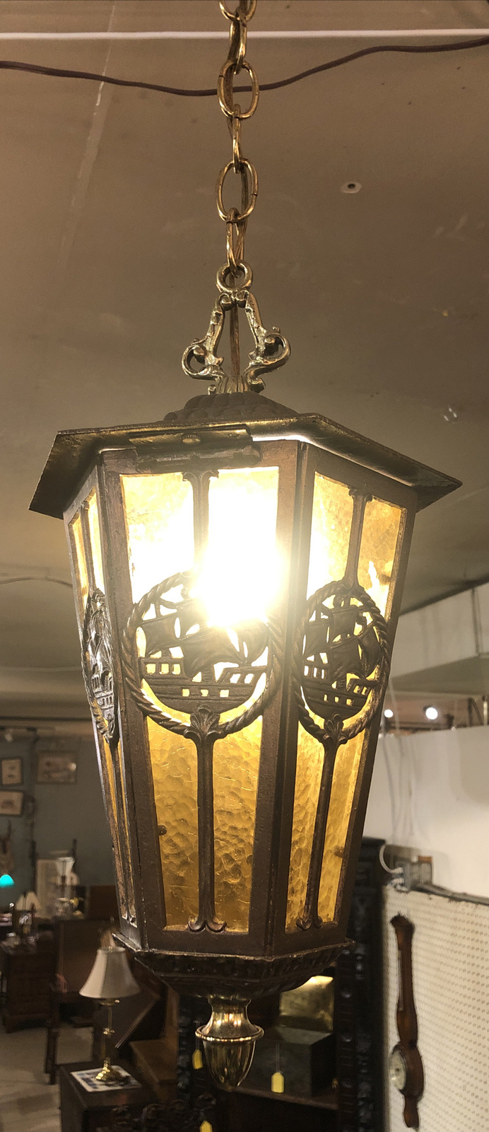 Art Deco Brass/Iron & Textured Yellow Glass Hall Light W/Ships 34” X 8” X 10”