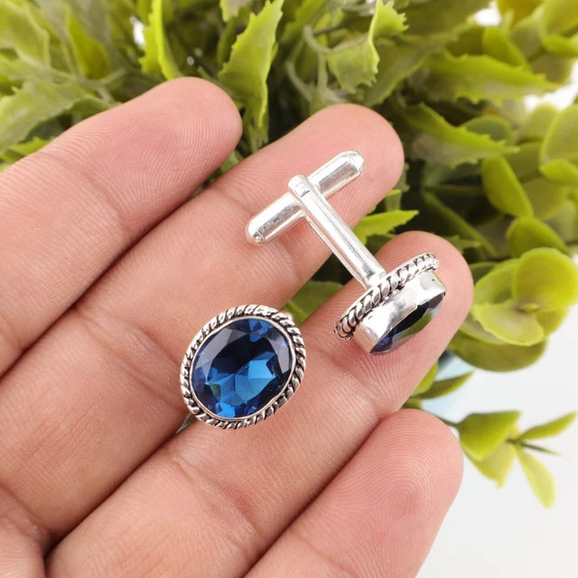 2CT Round Cut Lab Created London Blue Topaz Men’s Cufflink 14K White Gold Plated
