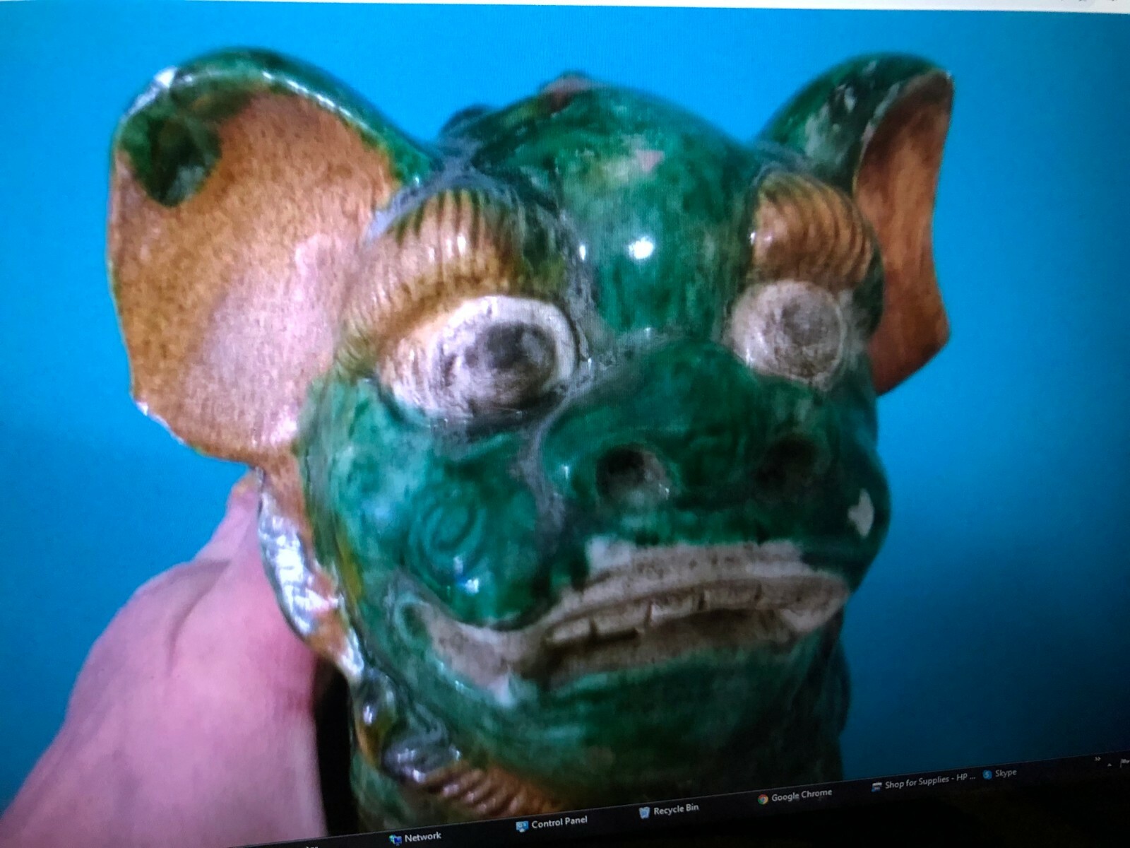 ANTIQUE ORIENTAL CERAMIC GLAZED “FOO DOG” FIGURINE 13 1/4″H X 9 1/2″L, 5.5 lb…