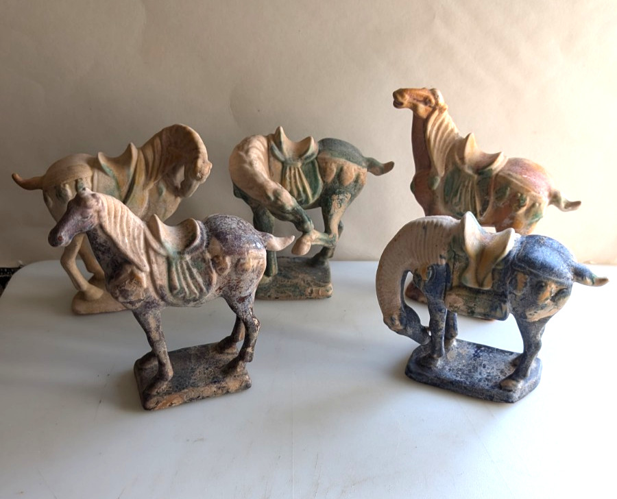 Set 5 Early Chinese Tang Dynasty Distressed Ceramic War Horse Figurines Signed