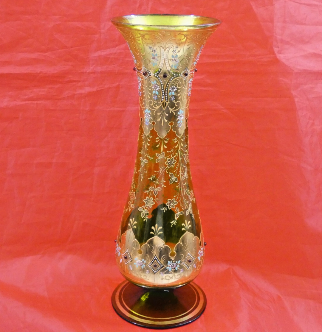 GORGEOUS ANTIQUE LARGE FLOWER VASE BOHEMIAN GREEN GLASS ENAMEL / GOLD “JEWELED”