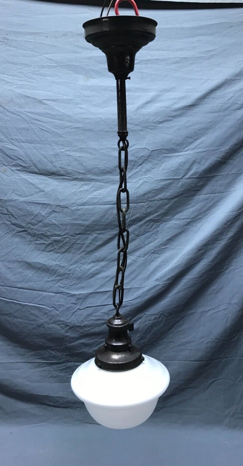 Antique 9″ Schoolhouse Bank Ceiling Light White Glass Globe VTG Bronze 295-23B