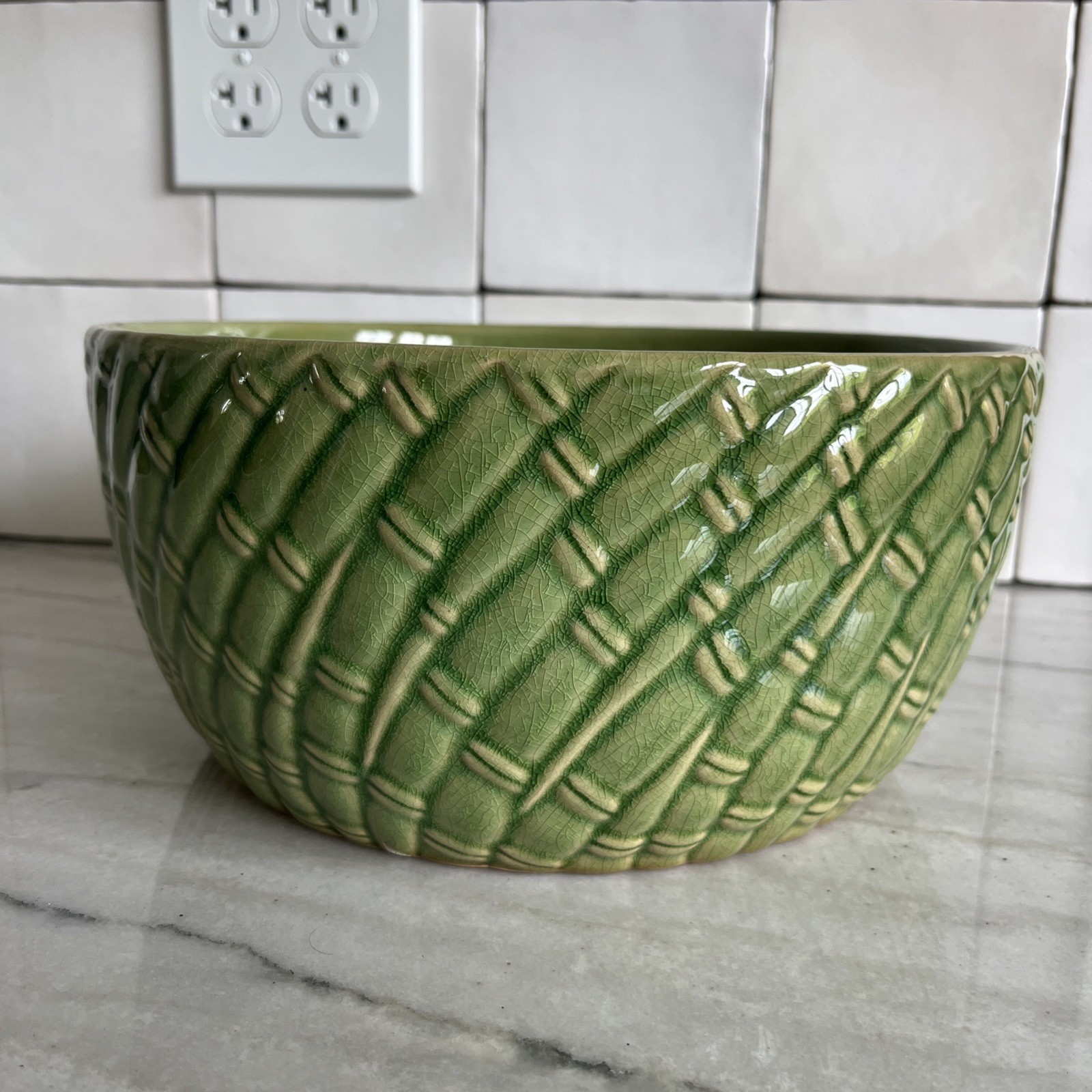 Vtg McCoy ? Pottery Asparagus / Bamboo Green Yellow Ware Stoneware Planter Bowl
