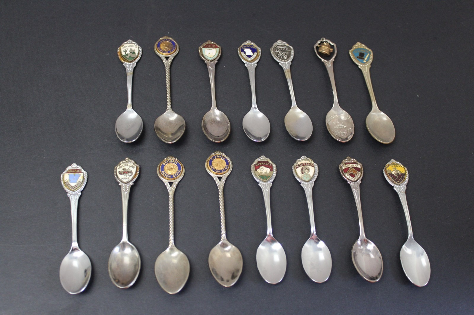 17 Small Silver Toned Souvenir State and City Spoons