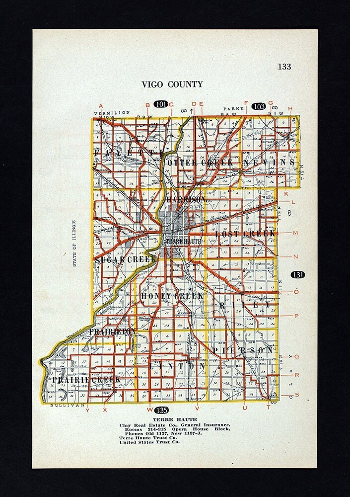 1917 Bowen Auto Road Map Vigo County Terre Haute Indiana Youngstown Pimento IN