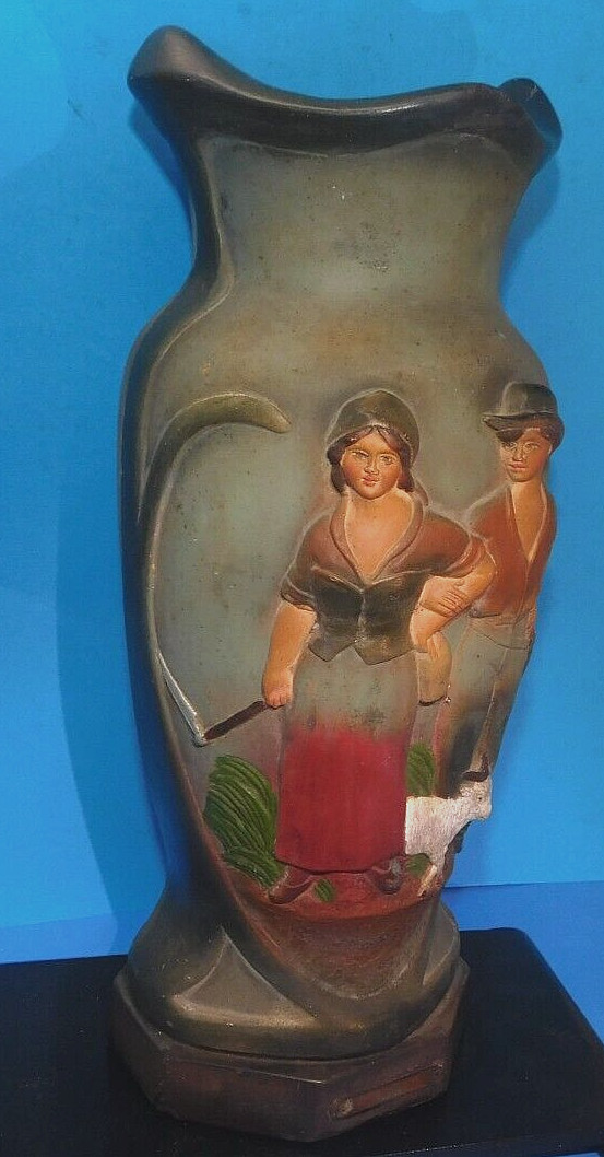 Antique Art-Nouveau 19th c France Marked, MANQUE DEPOSSE Lg Vase, Couple w/Sheep