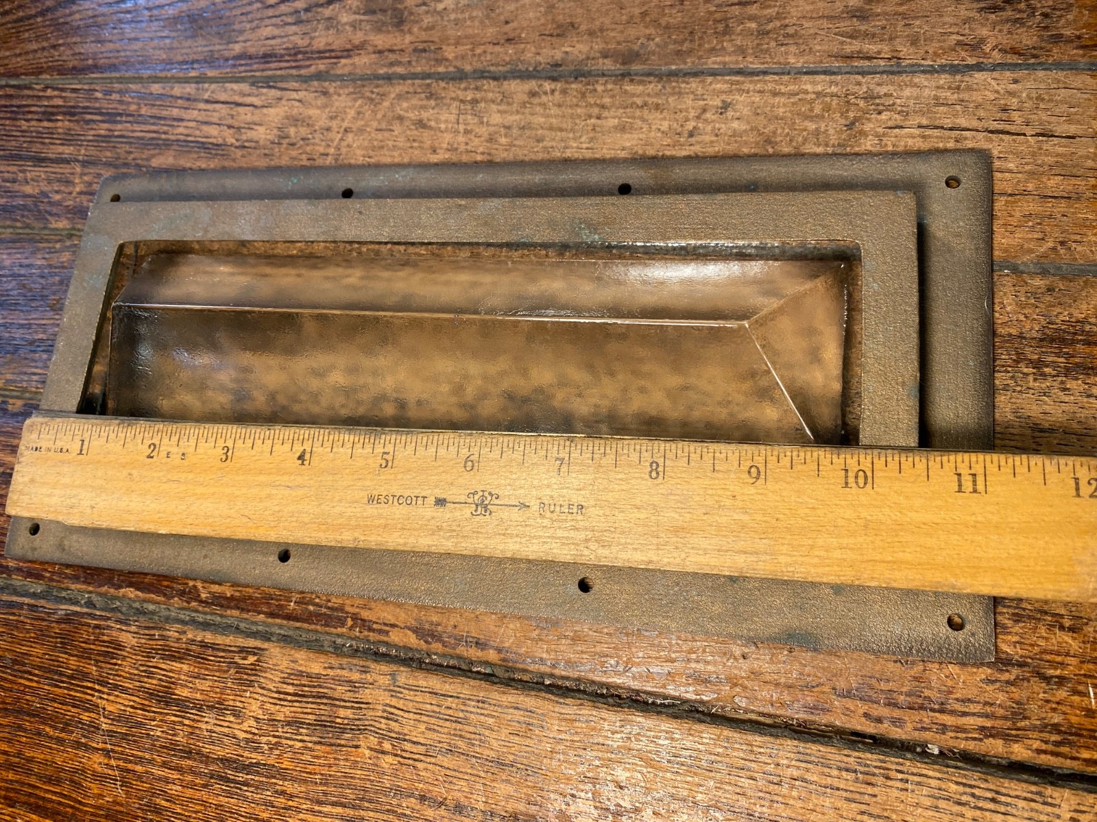 VINTAGE NOS CAST POLISHED BRONZE AND SOLID GLASS RECTANGULAR DECK PRISM 12 X 6