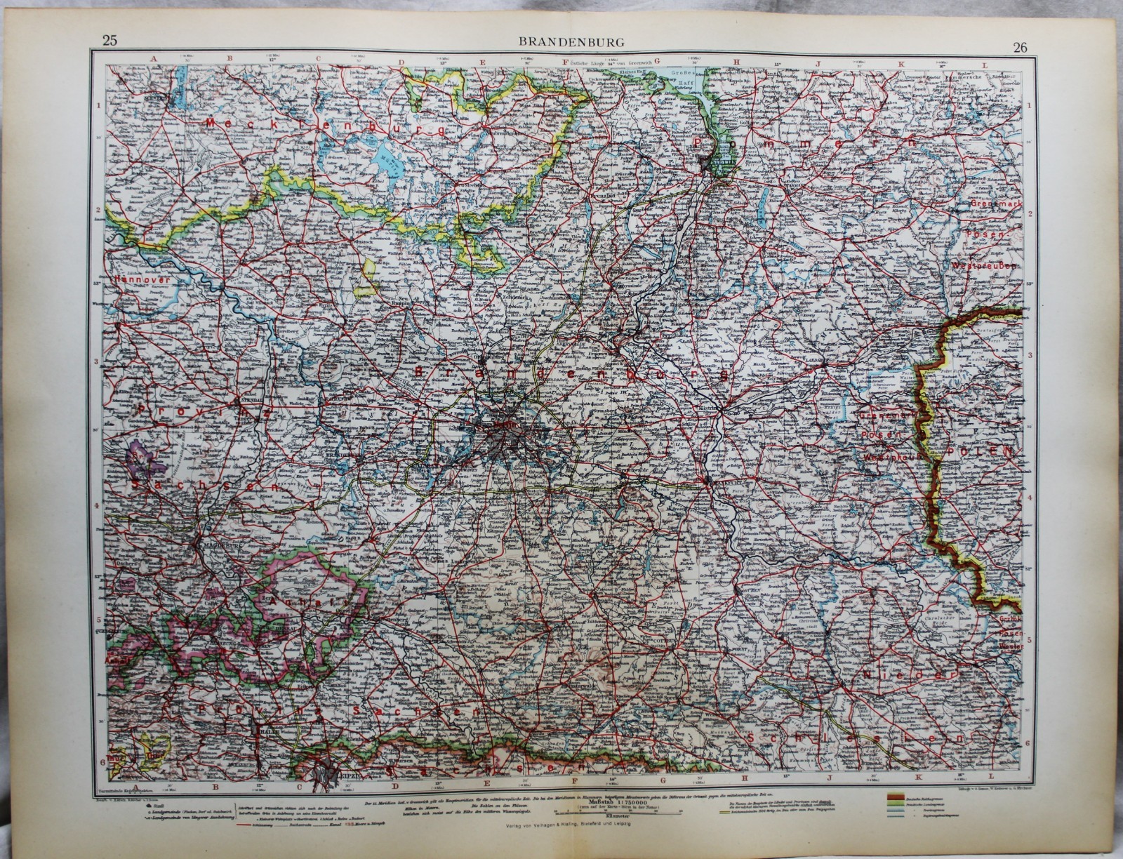 ANDREES HAND ATLAS MAP PLATE PAGE NO 25-26 BRANDENBURG GERMANY 1937 VINTAGE