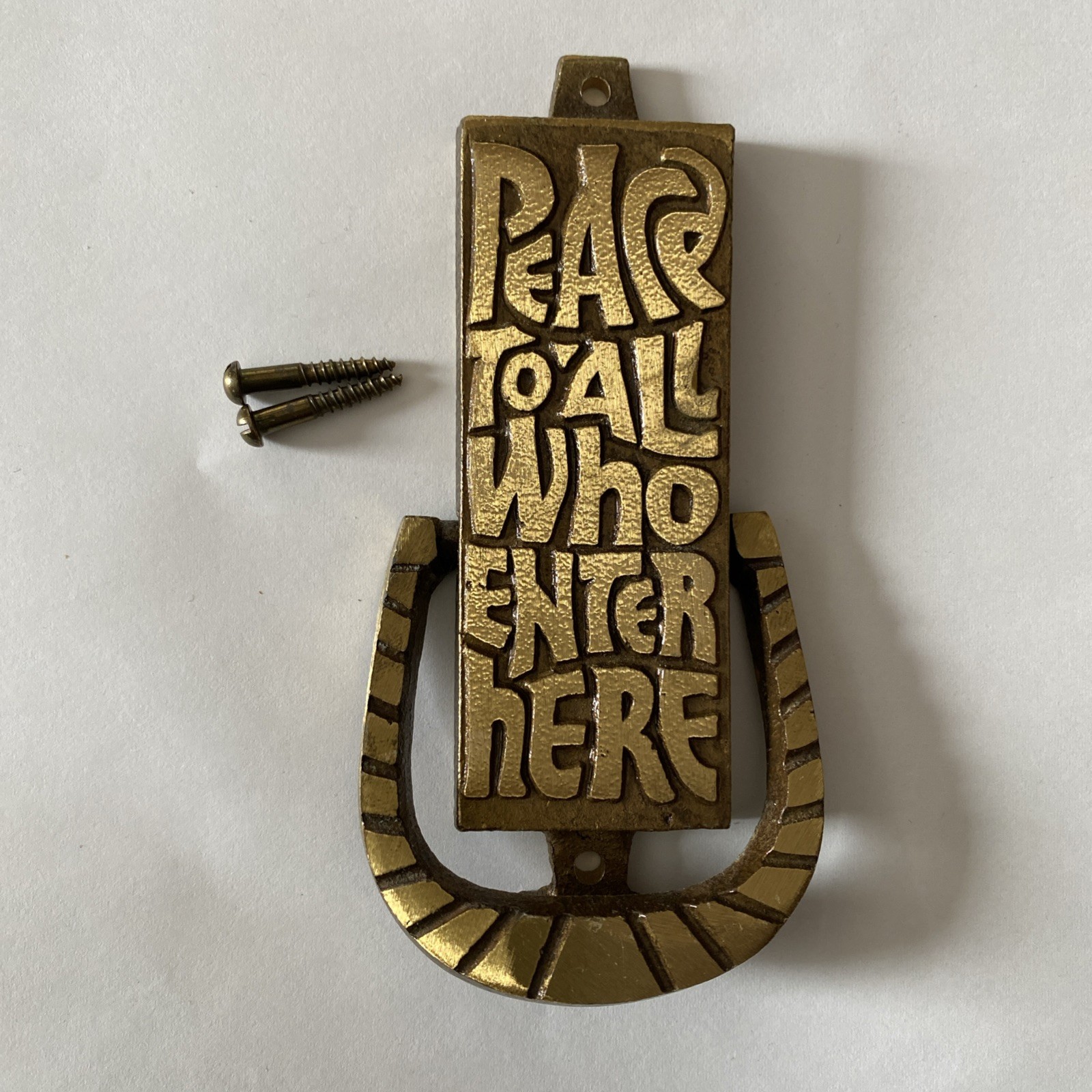 Vtg “Peace To All Who Enter Here” Brass Door Knocker TERRA SANCTA GUILD Pat Date