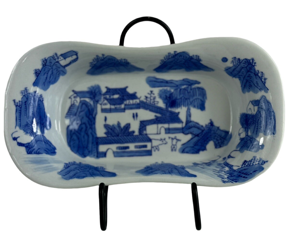 Antique Chinese White & Blue Porcelain Tray Oval Landscape 9.25”x 4.75” EUC