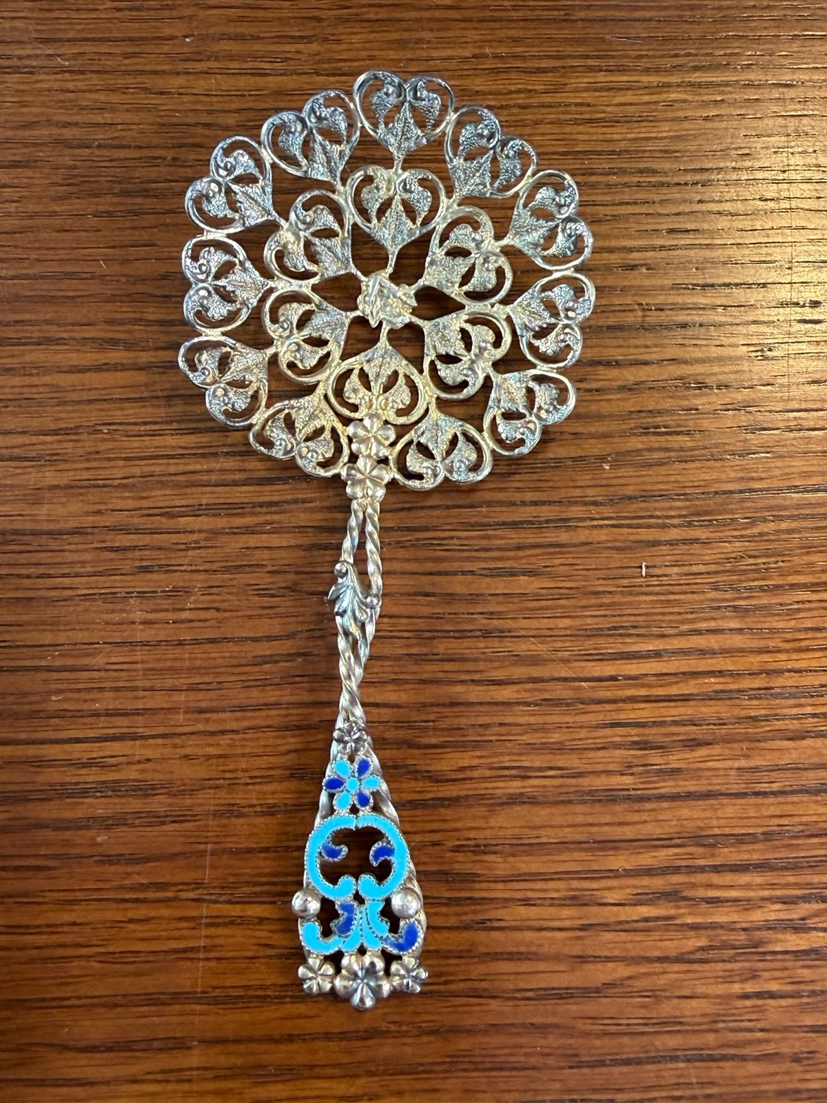 Sterling Silver & Enamel Pierced Bon Bon / Nut Spoon Ornate Woman Fairy Pixie