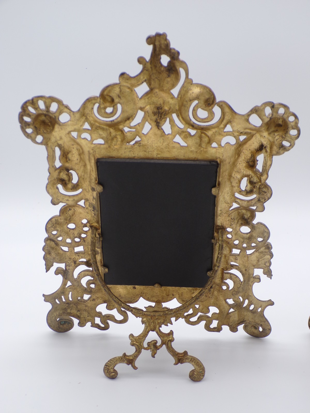 2 Antique Reticulated Scrollwork & Cupid Art Nouveau Brass Easel Picture Frame
