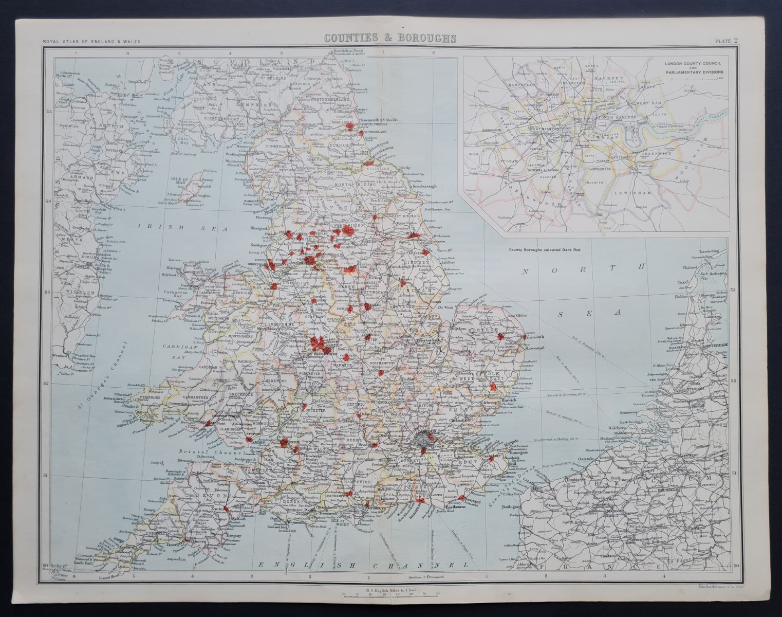 Antique 1898 Map – Counties & Boroughs of England & Wales – Bartholomew