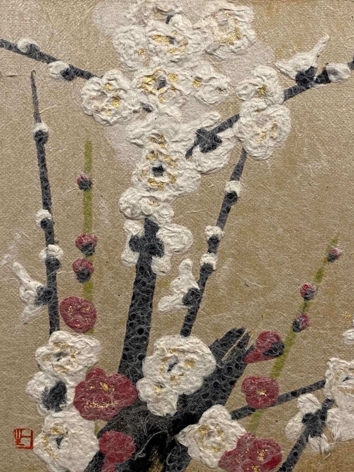 Japanese Washi Chigiri-e Plum Blossoms Painting Signed Fukusen Mid-Century