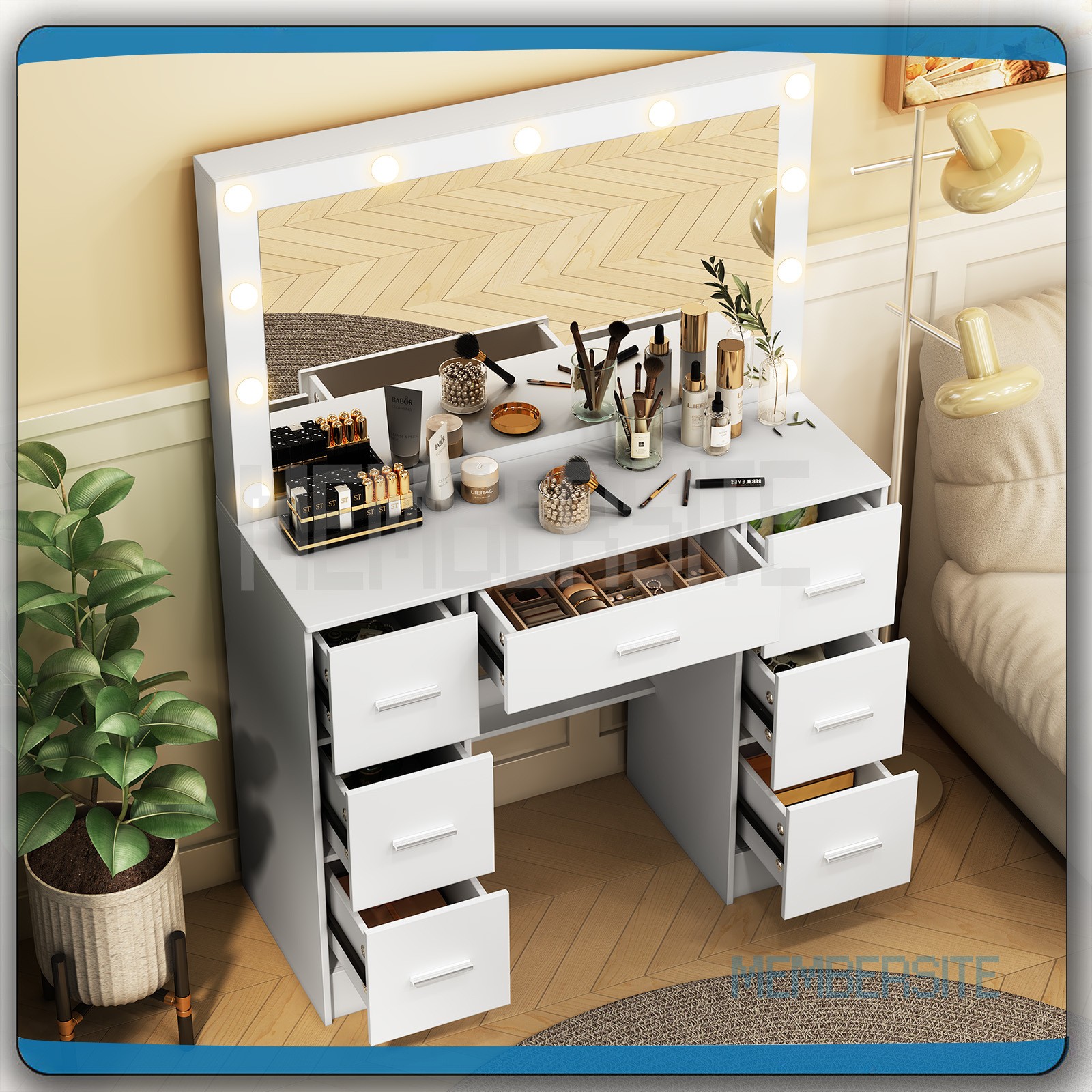 Large Vanity Set Makeup Vanity with LED Lights Mirror and 7 Drawers Vanity Table