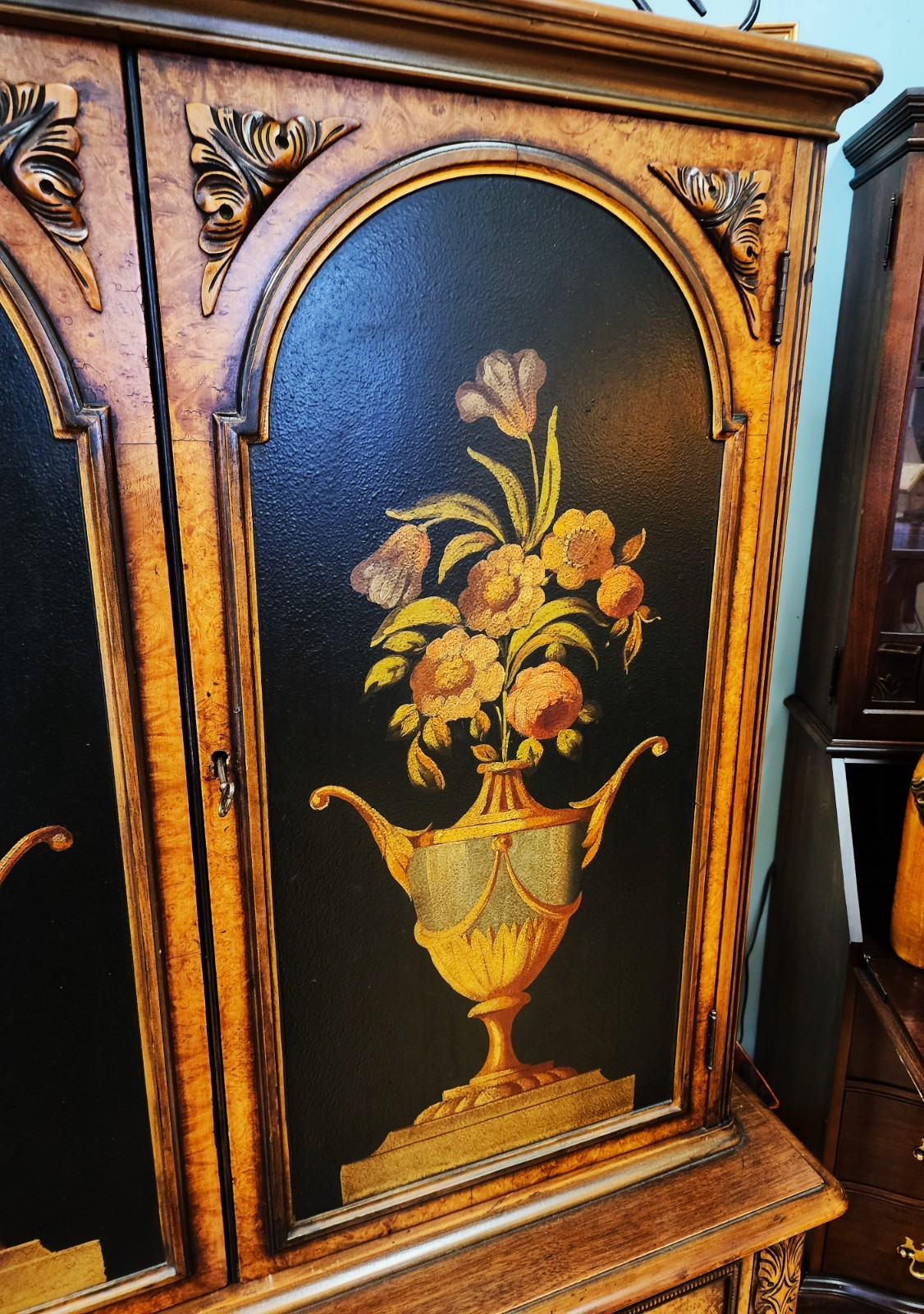 Berkey & Gay English Jacobean Walnut/Burlwood Cabinet