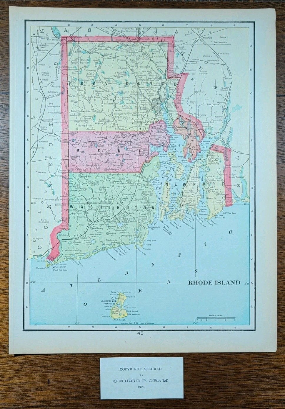 Vintage 1902 RHODE ISLAND Map 11″x14″ ~ Old Antique Original BRISTOL KINGSTON RI