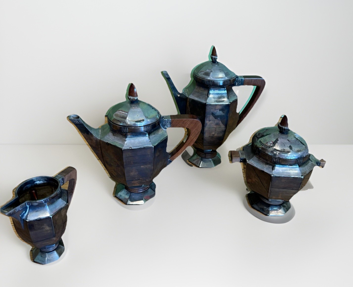 Antique Art Deco Friedman Silver Co Tea Service 4pc Set Carved Wood Handles 5826