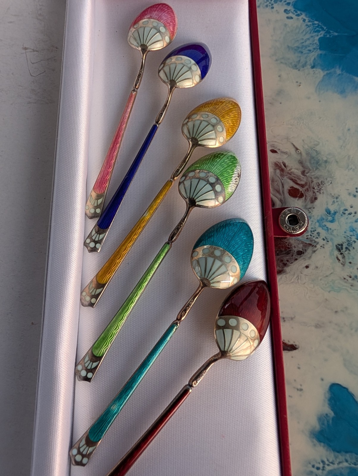 VTG 930 Aksel Holmsen Set 6 Guilloche Enamel Demitasse Spoons Gilt