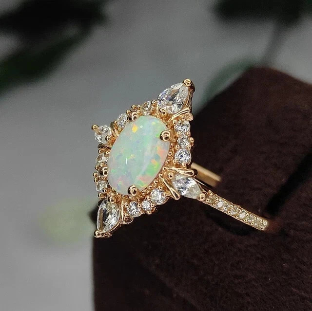 3Ct Oval Cut Lab Created Fire Opal Halo Engagement Ring 14K Yellow Gold Plated