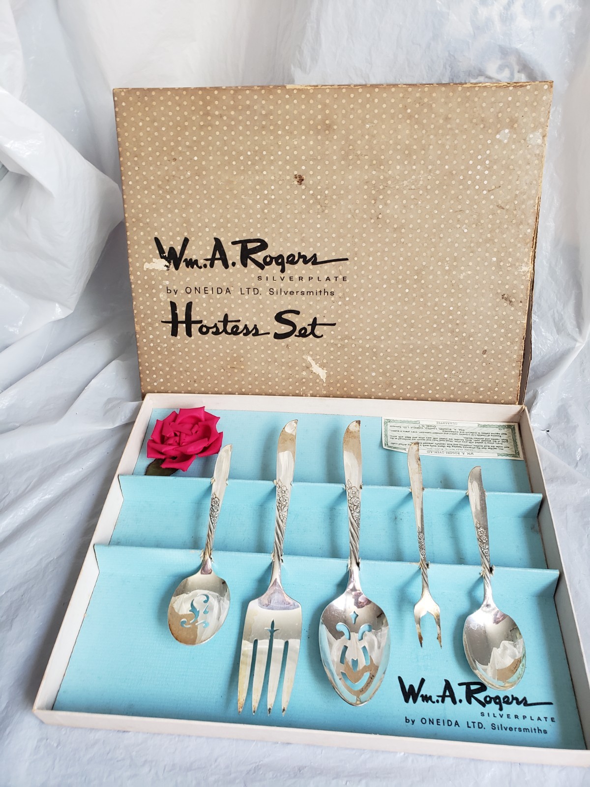 Wm A Rogers Oneida Silverplate “Wildwood” 5 pc HOSTESS SET Orig Box 1960.