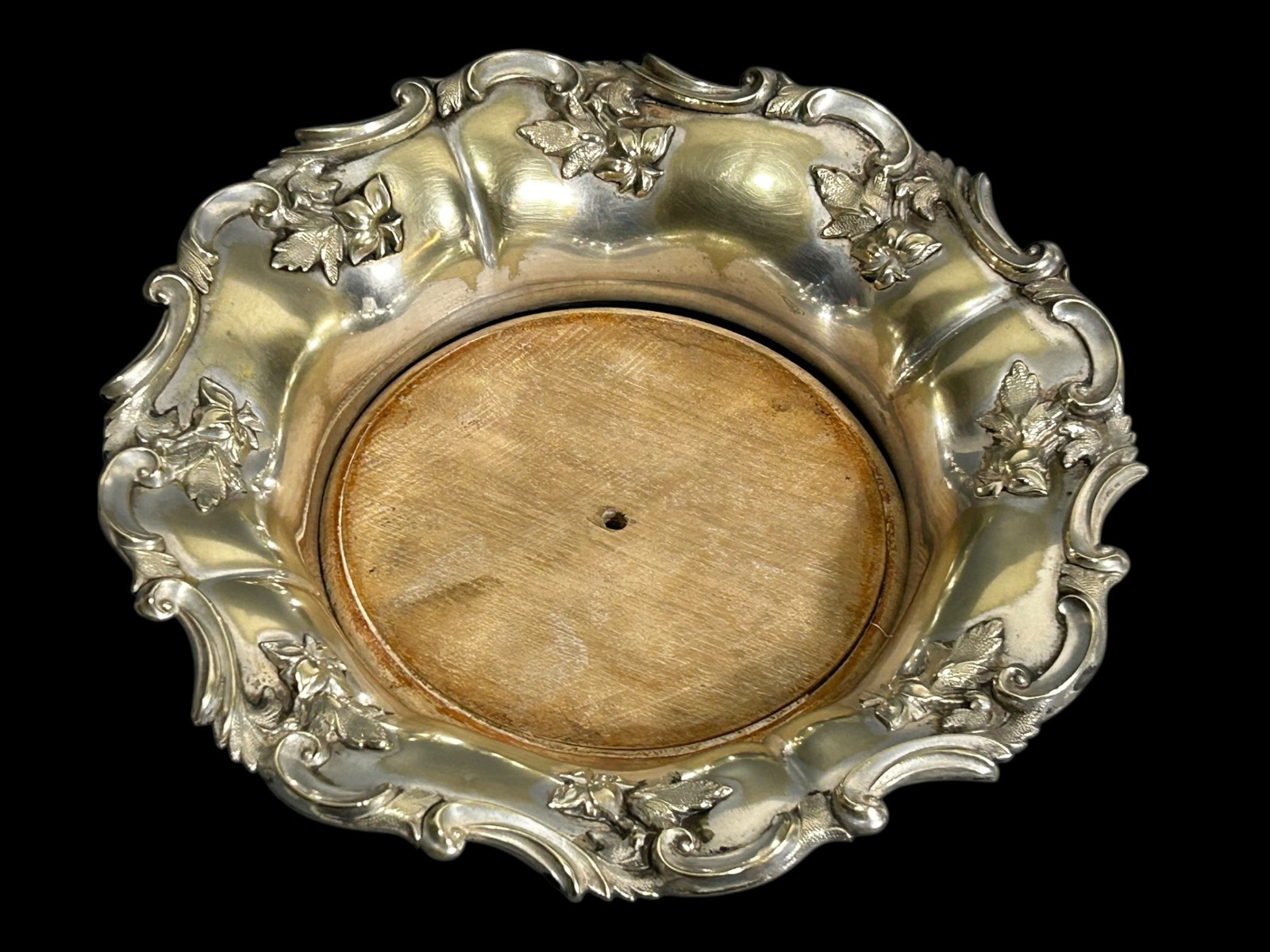 Antique Silver Plate Wine Bottle Coaster Grape Motif Wood Base Victorian