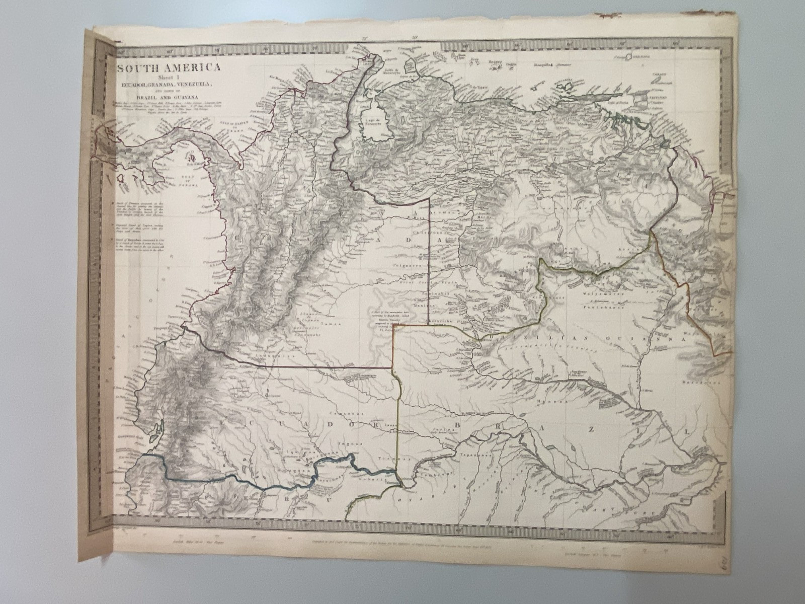 SOUTH AMERICA I, ECUADOR GRANADA VENEZUELA BRAZIL GUAYANA antique map SDUK 1842