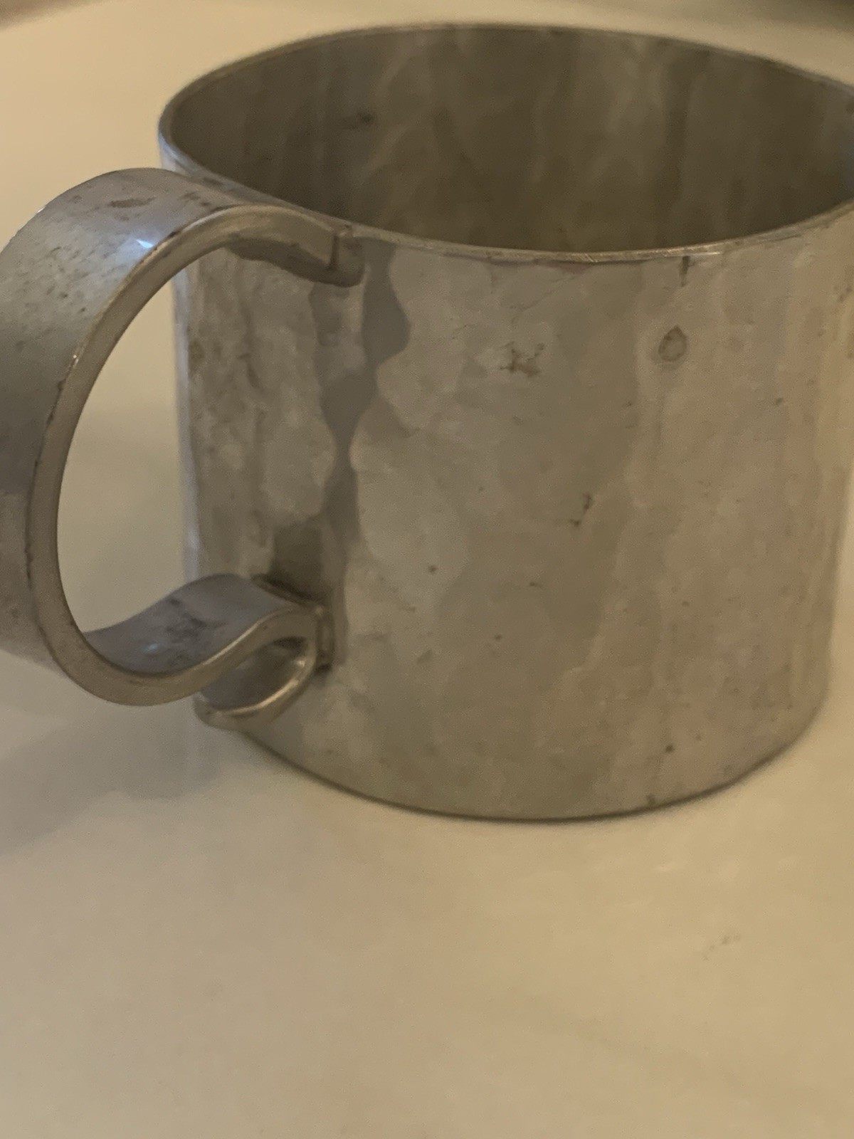 ✨Antique Hand Engraved Hallmarked Pewter Small Cup Primitive Piece Scroll Handle
