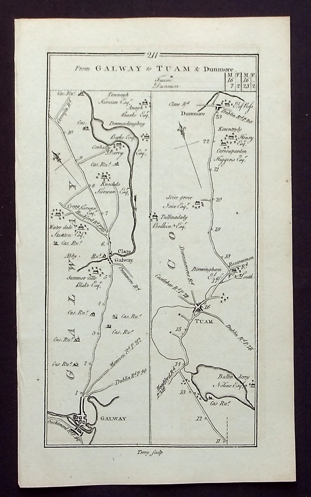 IRELAND ANTIQUE ROAD MAP, GALWAY, TUAM, BALLINAMORE, Taylor & Skinner, 1778