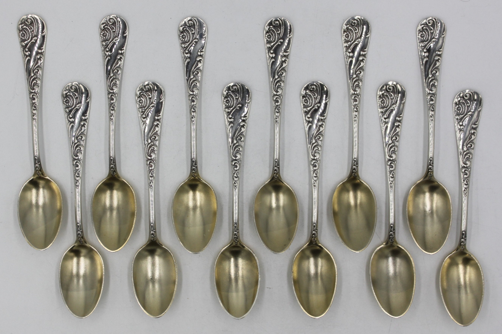 Set of 12, Wood & Hughes Floral Scroll 3⅞” Demitasse Spoons Sterling Silver/Gold