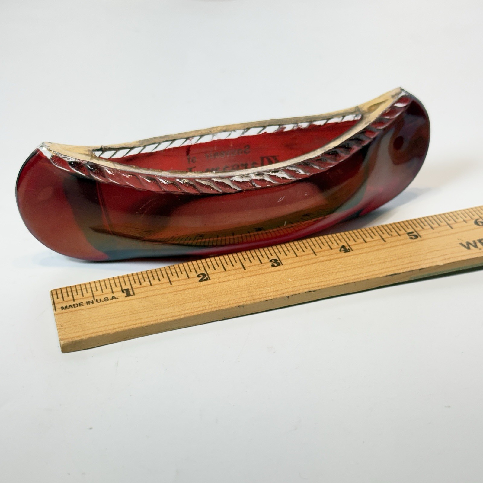WARSAW , INDIANA Antique Ruby Red Flash Souvenir Glass Boat Trinket Candy Dish