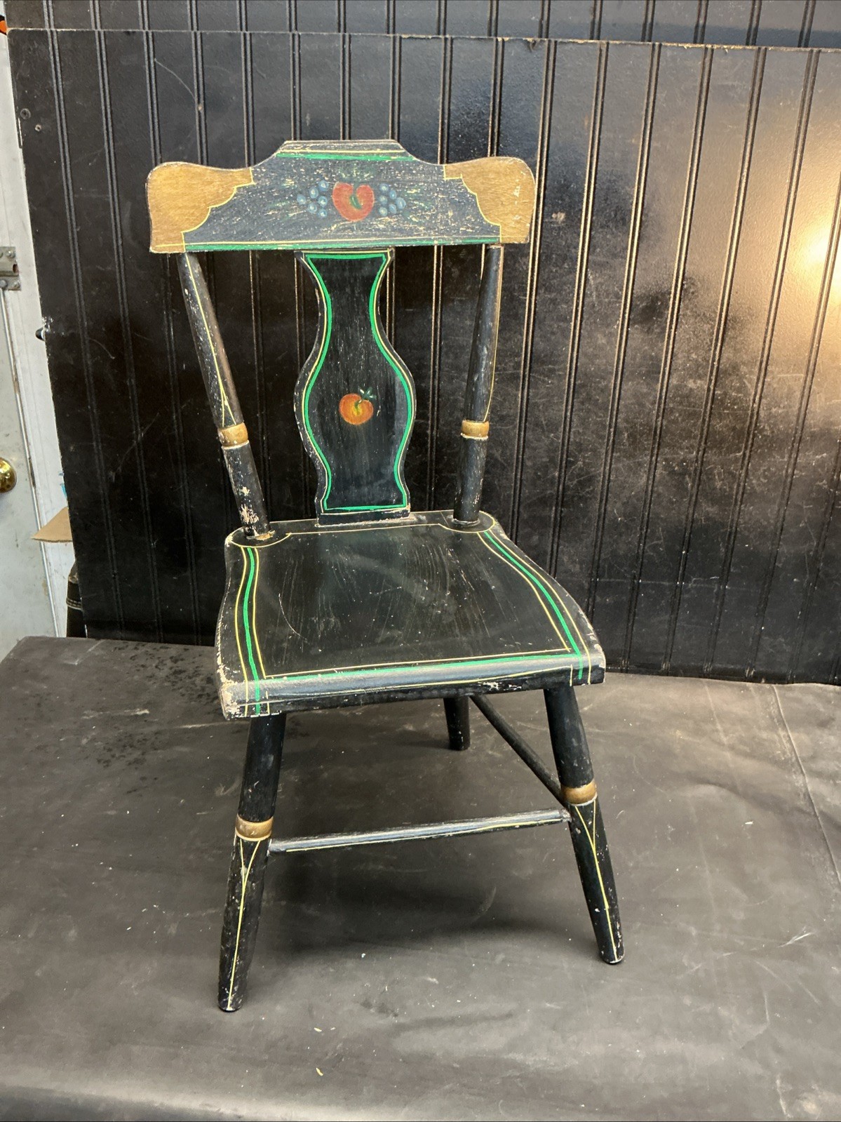 Vintage Wood Child’s Doll Chair Early Tole Paint Apple Blue Berry Free Shipping