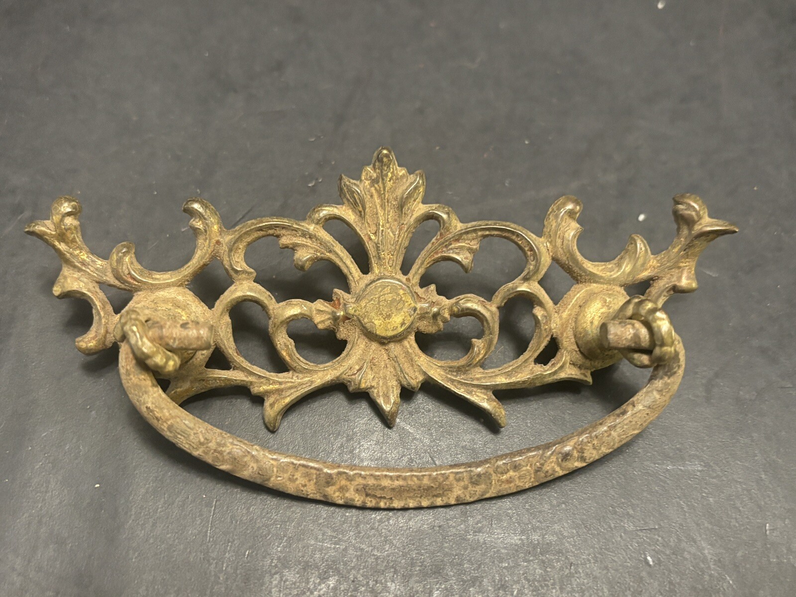 Vintage Victorian DRAWER Pull Cast Brass 5″ Fancy Scroll Backplate Metal Bail