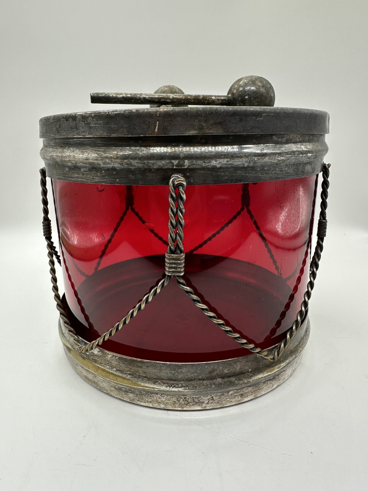 Vintage 1883 F.B. Rogers Silver Co. Petina Red Drum Dish Bucket with Drumsticks