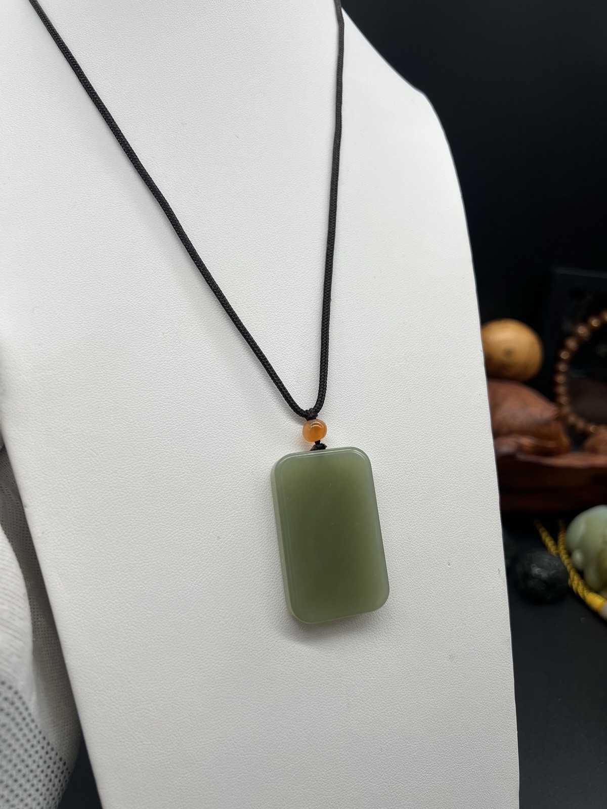 100%Hetian jade Hand Carved rectangle pendant 和田玉青海湖水绿无事牌吊坠 43.5×27.5×7mm