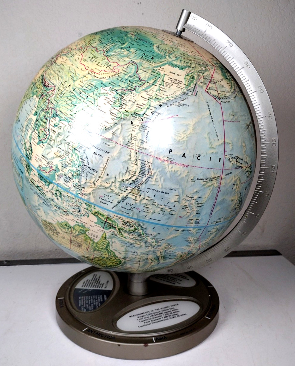 Vintage 1960s Rand McNally World Portrait Globe 12″ w Almanac Facts Dial on Base