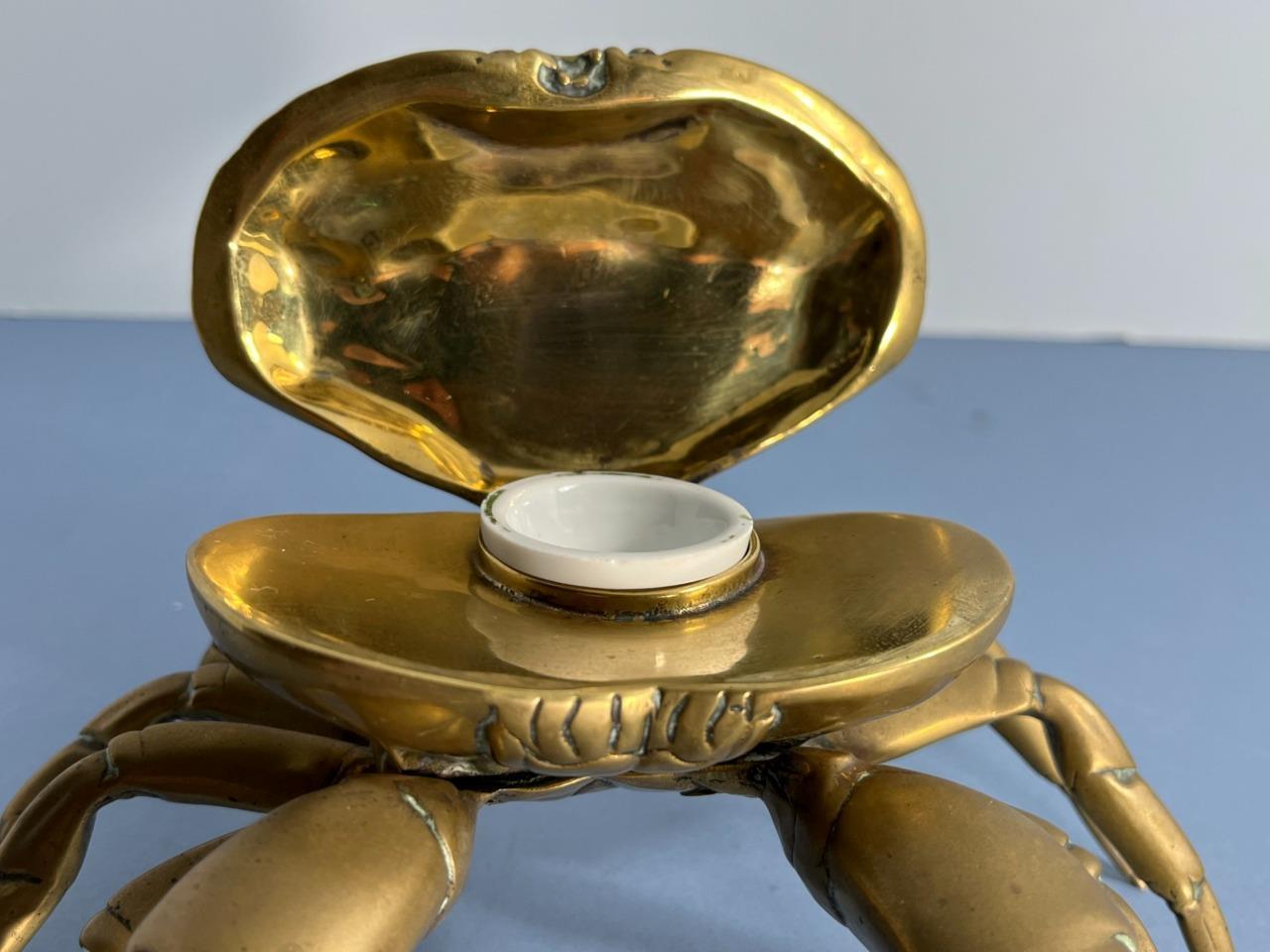 SCARCE UNUSUAL ANTIQUE VICTORIAN BRASS NATURALISTIC CRAB INKWELL & LINER
