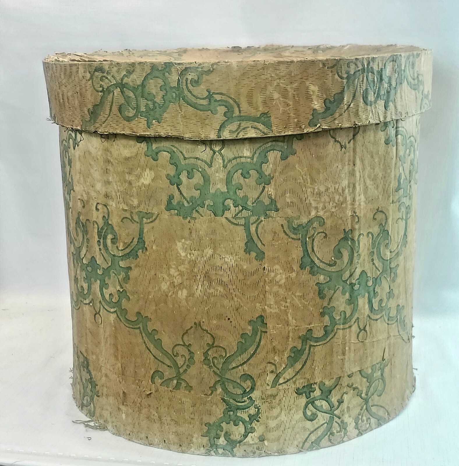 large HAT BOX primitive Early antique wallpaper