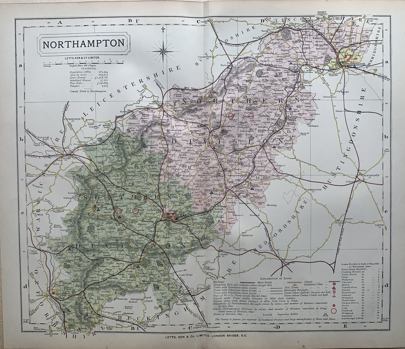 1884 Northamptonshire Original Antique Coloured County Map by Letts
