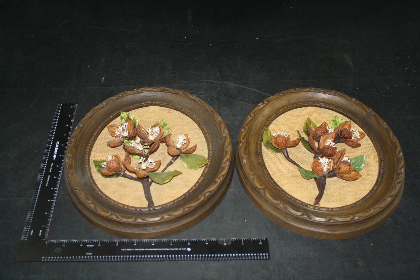 VINTAGE MID CENTURY PEACH PIT NUT SHELL ART WALL HANGING LOT 2PC FLOWERS FRAMED