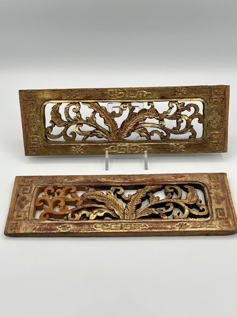 Antique Gilt Carved Wood Panels Pair Architectural Floral Relief 9.3”
