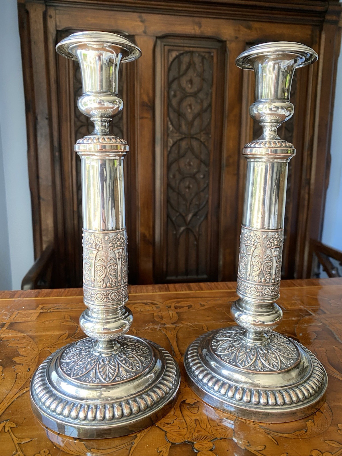 PAIR ANTIQUE FRENCH NAPOLEON COPPER SILVERPLATED CANDLESTICK CANDELABRA EMPIRE