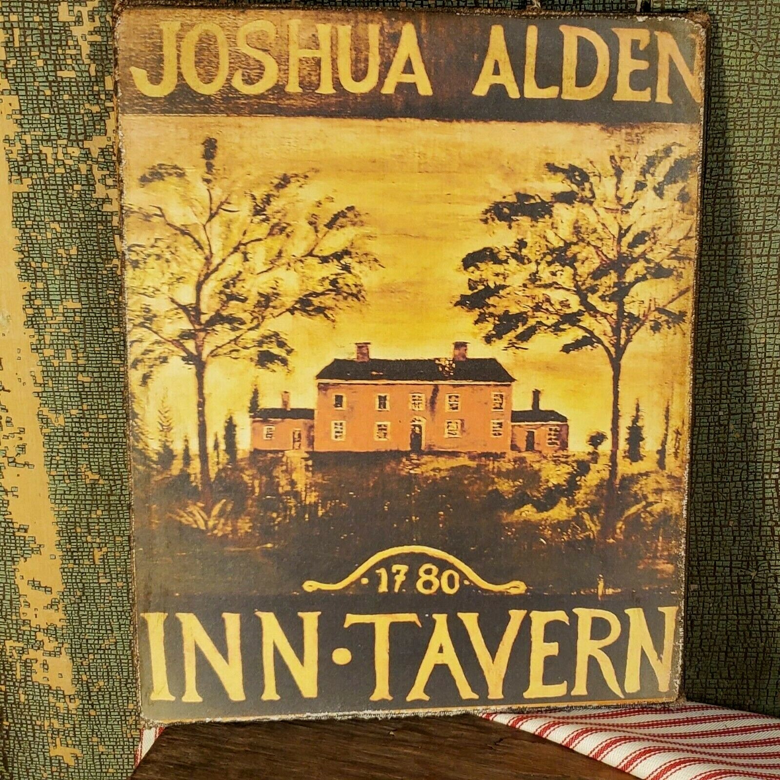 VINTAGE COLONIAL FOLK ART STYLE 1780 INN TAVERN JOSHUA ALDEN 8 X 10 CANVAS SIGN