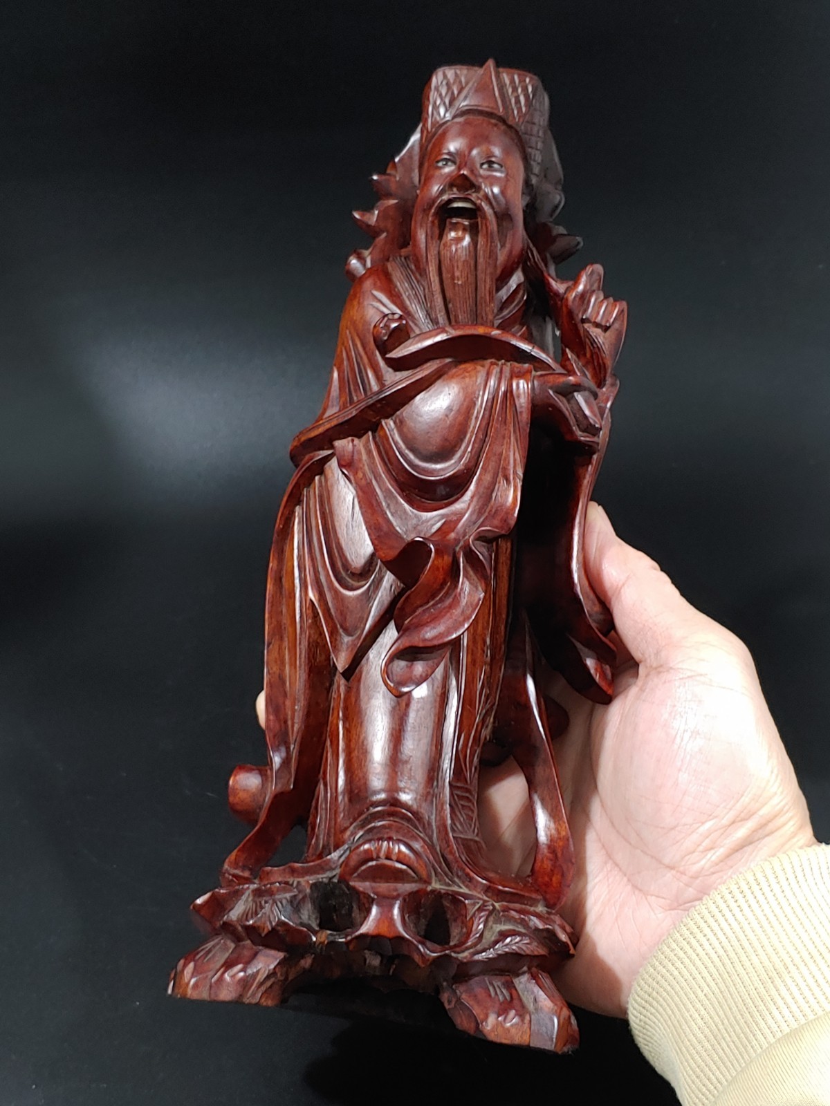花梨红木雕挂漆文曲星像 Antique Chinese Lacquer Rosewood Hongmu Carving Wenquxing Figurine
