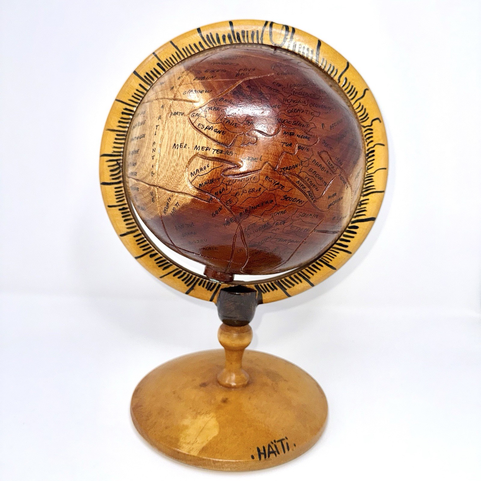 HAITIAN Hand Carved Wooden World Folk-Art Globe – 13.5”Hx 26.25” Circumference
